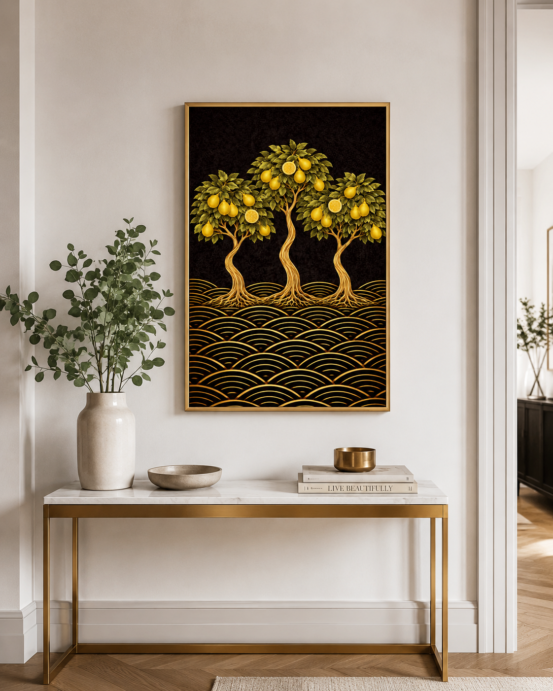 A Japanese-inspired lemon tree giclée print in yellow, gold and black. Bold citrus botanical wall art for kitchens, dining rooms and Japandi interiors. Free worldwide shipping. in a hallway 