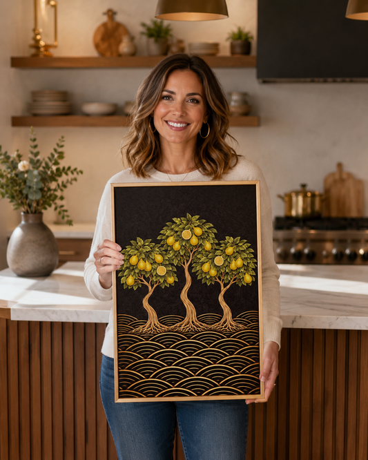 A Japanese-inspired lemon tree giclée print in yellow, gold and black. Bold citrus botanical wall art for kitchens, dining rooms and Japandi interiors. Free worldwide shipping.