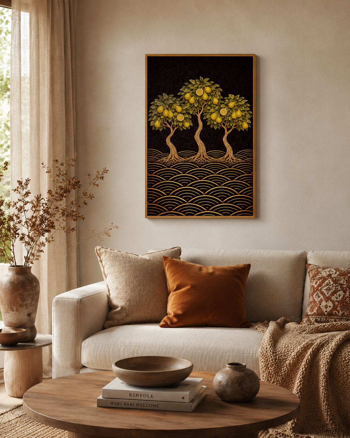 A Japanese-inspired lemon tree giclée print in yellow, gold and black. Bold citrus botanical wall art for kitchens, dining rooms and Japandi interiors. Free worldwide shipping. in a lounge room 