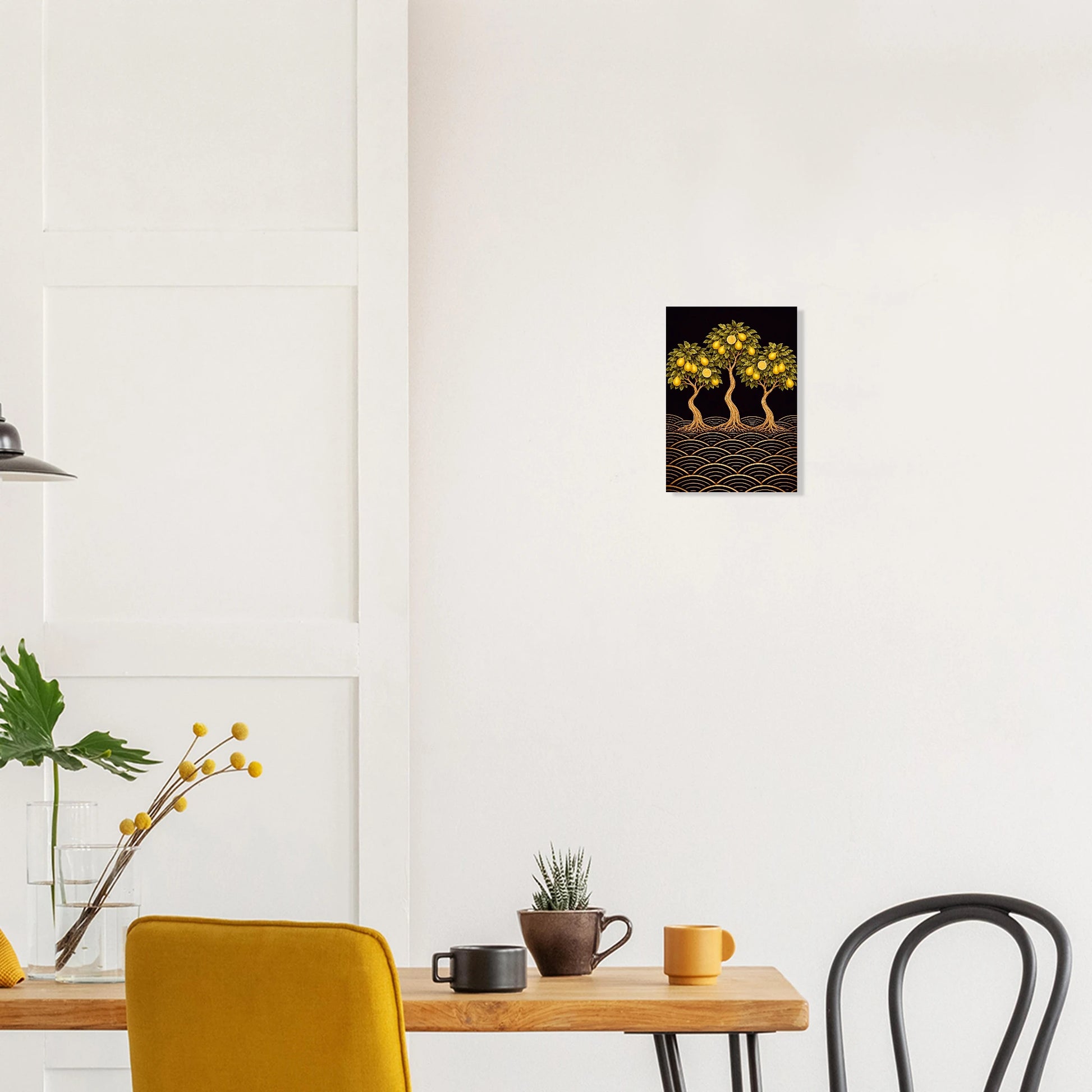 A Japanese-inspired lemon tree giclée print in yellow, gold and black. Bold citrus botanical wall art for kitchens, dining rooms and Japandi interiors. Free worldwide shipping.