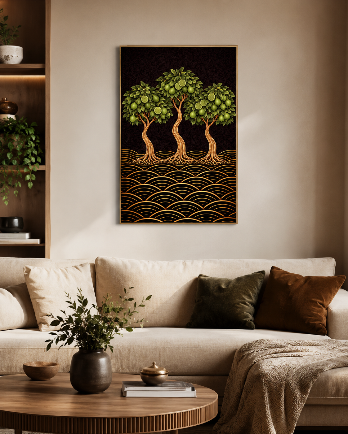 A Japanese-inspired lime tree giclée print in green, gold and black. by elizabeth Marshall  in a lounge room 