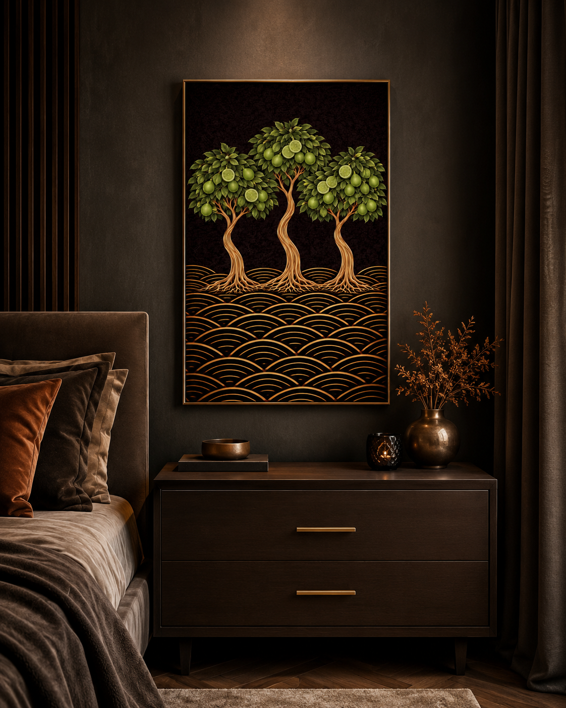 A Japanese-inspired lime tree giclée print in green, gold and black. Bold botanical wall art for kitchens, dining rooms and Japandi interiors. Free worldwide shipping.