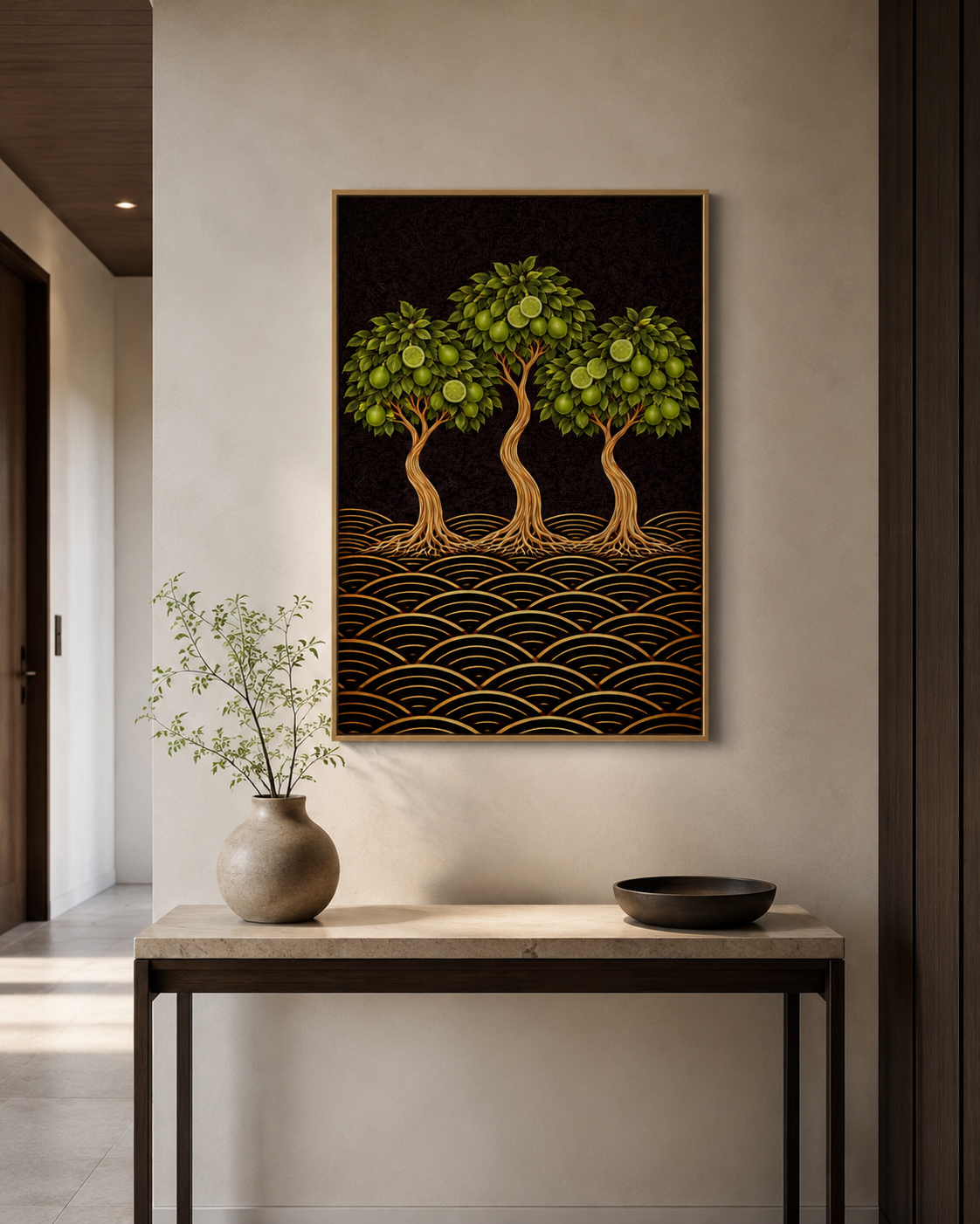 A Japanese-inspired lime tree giclée print in green, gold and black. Bold botanical wall art for kitchens, dining rooms and Japandi interiors. Free worldwide shipping. in a hallway 
