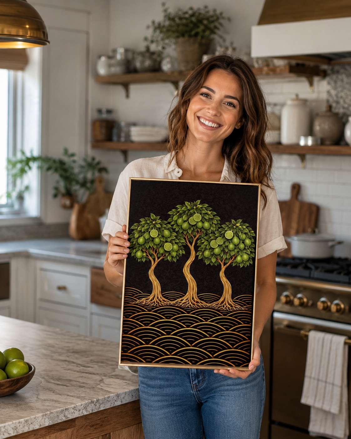 A Japanese-inspired lime tree giclée print in green, gold and black. Bold botanical wall art for kitchens, dining rooms and Japandi interiors. Free worldwide shipping. in a kitchen with a women smiling 