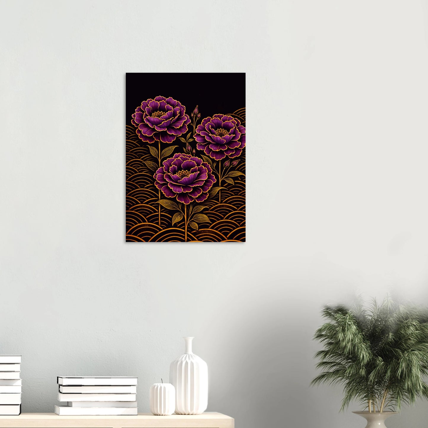 Three lisianthus blooms in deep royal purple, their petals edged in gold, rise from a ground of warm amber arcs that glow against a near-black sky. Lisianthus Purple Delight is opulent and still and quietly intoxicating, the kind of print that makes a room feel like it belongs to someone with very good taste.