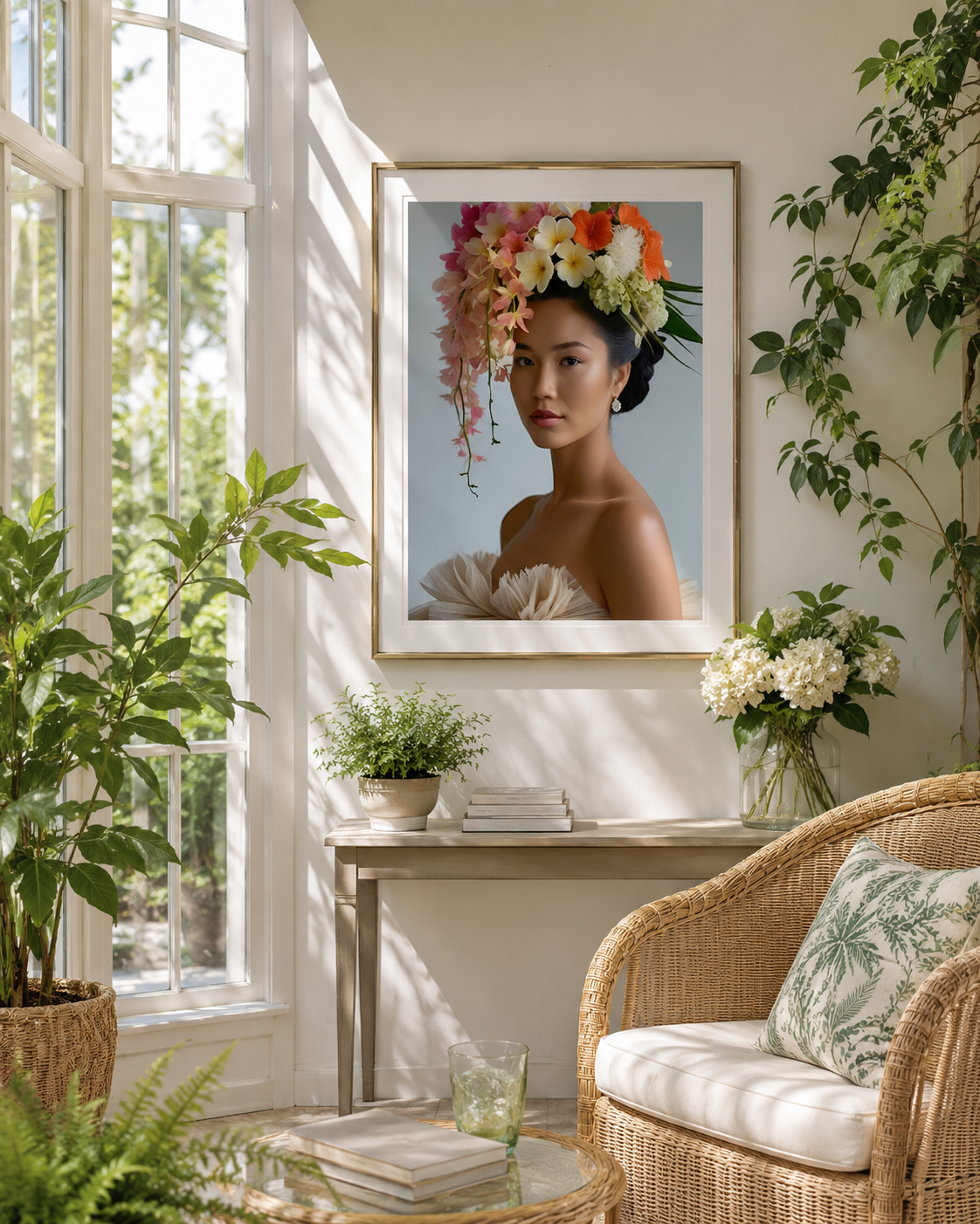 A framed art print depicting a woman with a vibrant floral crown, hung on a wall in a bright, sunlit room with a wicker chair, plants, and a console table.