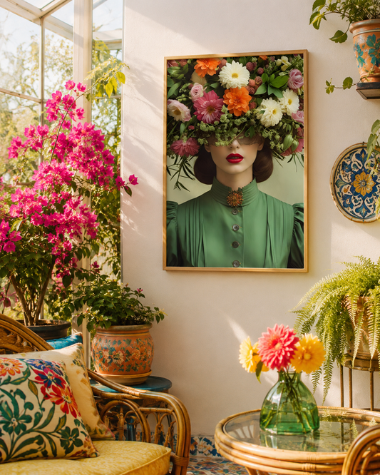 A framed art print featuring a woman with a floral headpiece and green dress, displayed on a white wall in a sunlit, plant-filled room with a yellow chair and floral decor.