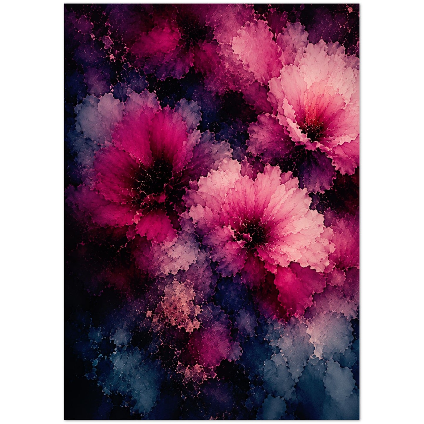 Abstract floral art card featuring large watercolor-style flowers in vivid magenta, pink, and purple tones against a dark navy and black background.