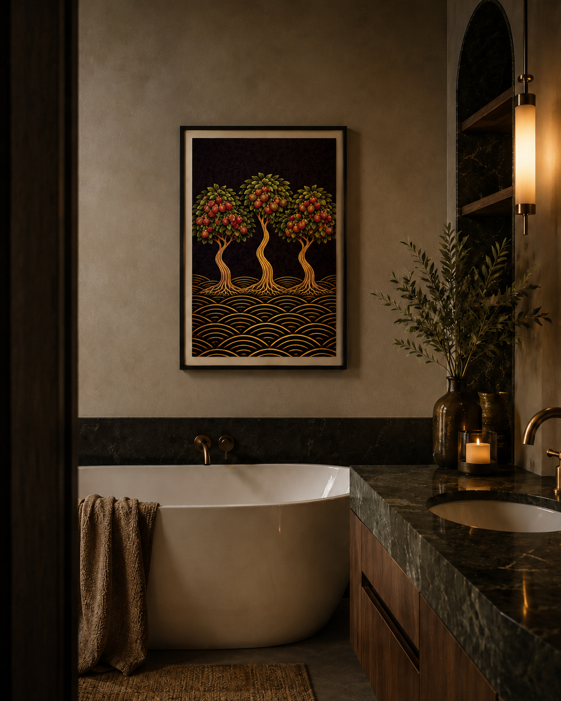 Bathroom Bold, abundant and richly detailed, this lychee tree art print brings warmth and vibrancy into modern interiors. Featuring three sculptural lychee trees with flowing trunks, exposed roots and clusters of deep red fruit, this artwork blends Japanese-inspired design with mid-century modern elegance.