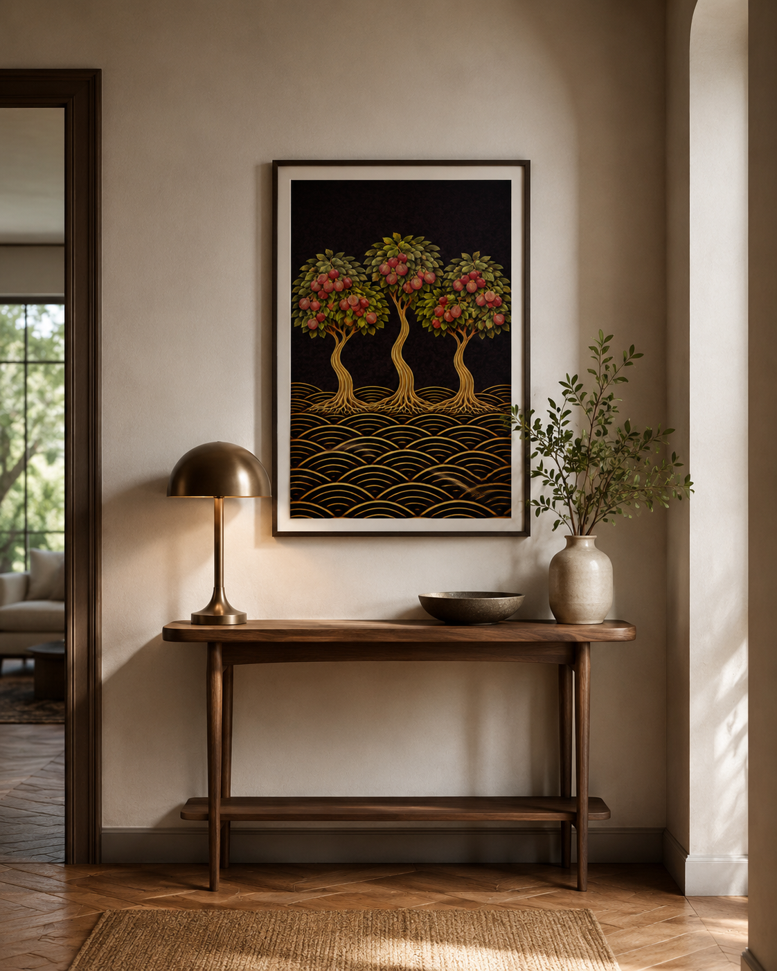 Bold, abundant and richly detailed, this lychee tree art print brings warmth and vibrancy into modern interiors. Featuring three sculptural lychee trees with flowing trunks, exposed roots and clusters of deep red fruit, this artwork blends Japanese-inspired design with mid-century modern elegance.