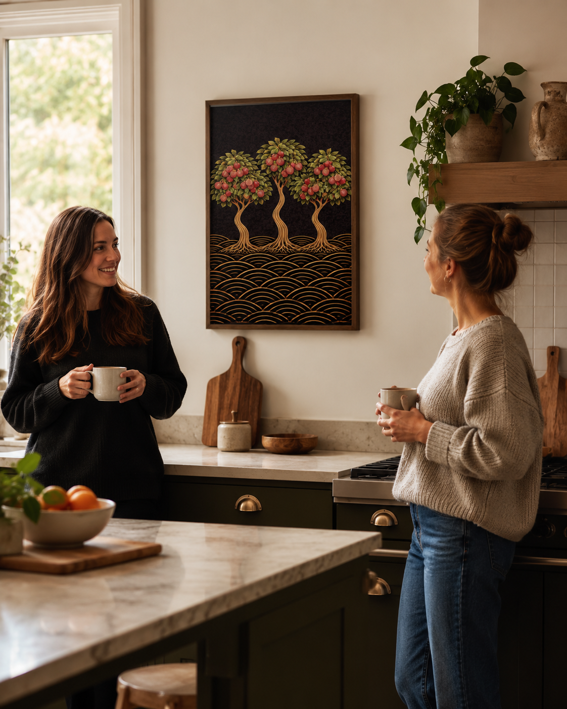 two women in the kitchen drink coffee with the Lychee Love Affair print on the wall
