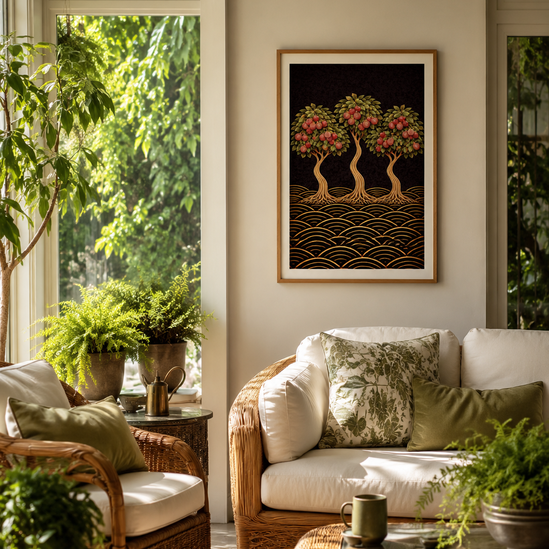 Bold, abundant and richly detailed, this lychee tree art print brings warmth and vibrancy into modern interiors. Featuring three sculptural lychee trees with flowing trunks, exposed roots and clusters of deep red fruit, this artwork blends Japanese-inspired design with mid-century modern elegance. in a sunroom