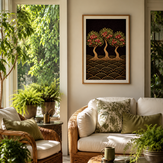 Bold, abundant and richly detailed, this lychee tree art print brings warmth and vibrancy into modern interiors. Featuring three sculptural lychee trees with flowing trunks, exposed roots and clusters of deep red fruit, this artwork blends Japanese-inspired design with mid-century modern elegance. in a sunroom