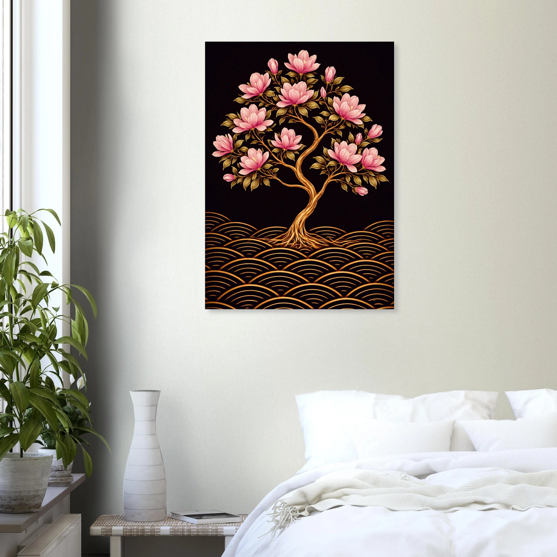 A vertical wall art print depicting a stylized tree of life with pink blossoms and gold roots over a black background with gold wave patterns, displayed in a bedroom setting above a bed.