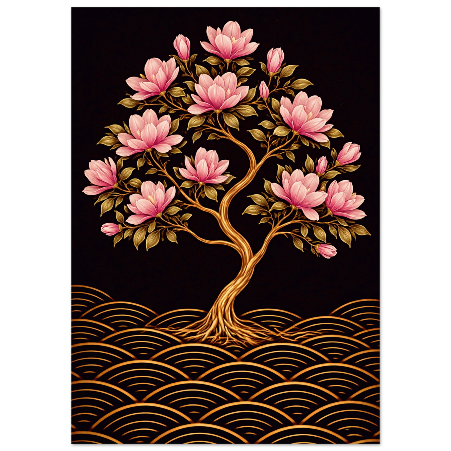 A vertical art print featuring a stylized flowering tree with pink blossoms and green leaves on a dark background, with gold wave-like patterns along the bottom. The print is centered on a white background.