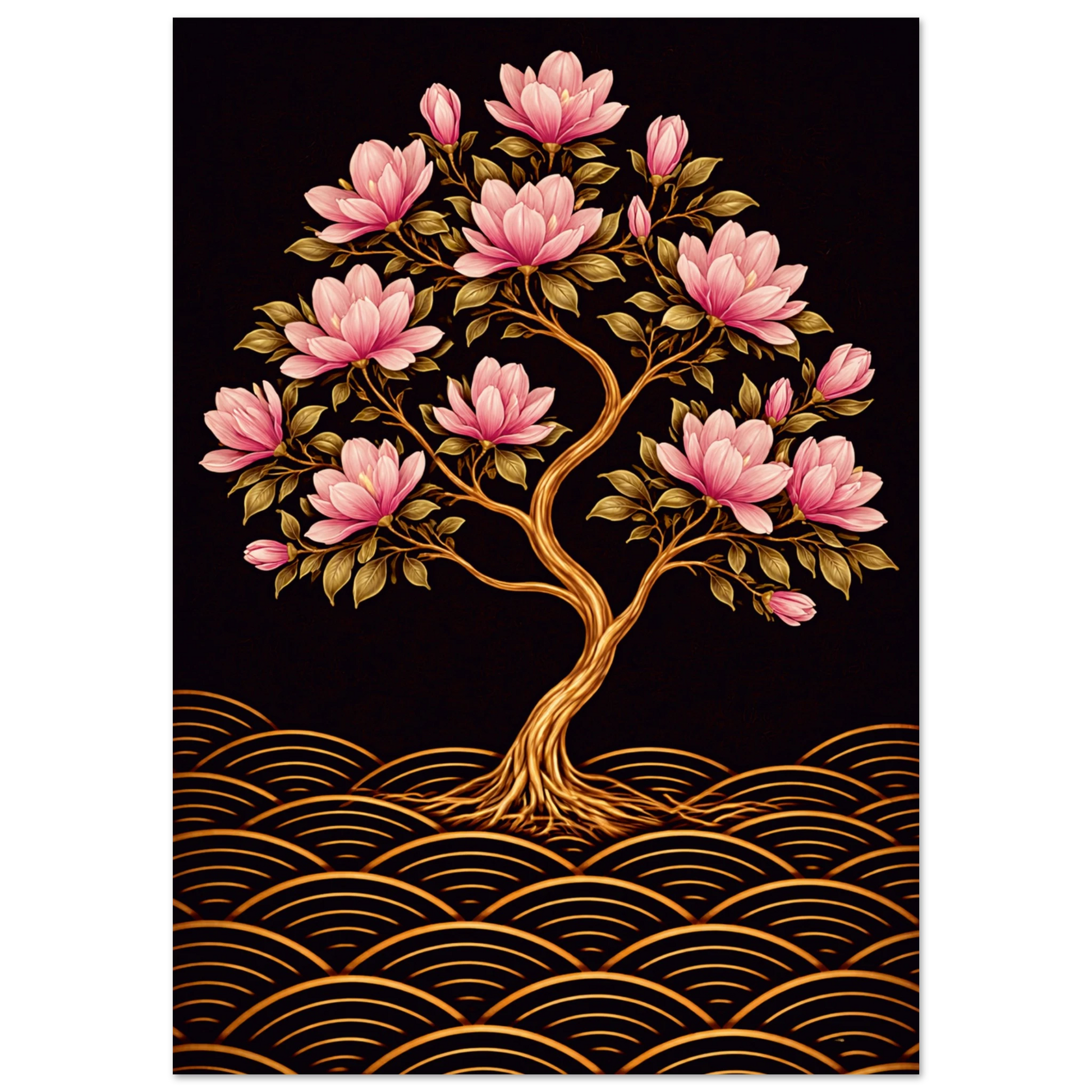 A vertical art print featuring a stylized flowering tree with pink blossoms and green leaves on a dark background, with gold wave-like patterns along the bottom. The print is centered on a white background.
