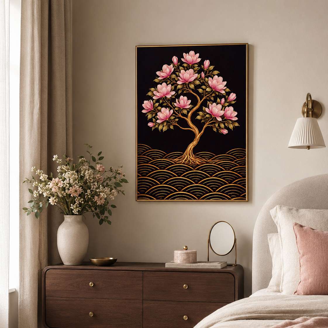A framed wall art print featuring a pink magnolia tree on a black background with gold wave patterns, displayed above a wooden nightstand in a softly styled bedroom.