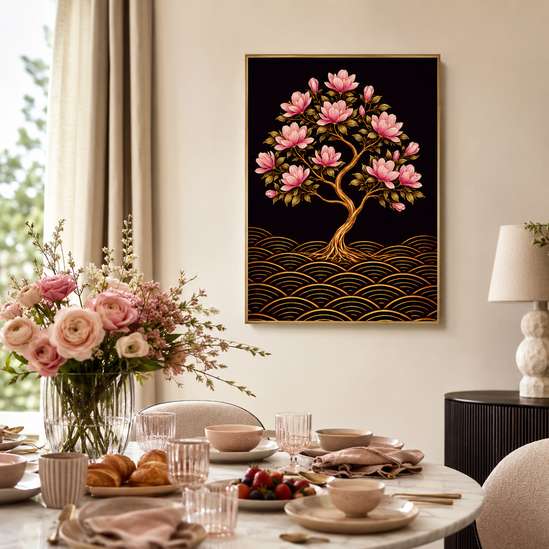 A framed wall art print featuring a stylized tree of life with pink blossoms and gold wave patterns on a black background, displayed in a beautifully styled dining room above a set dining table.