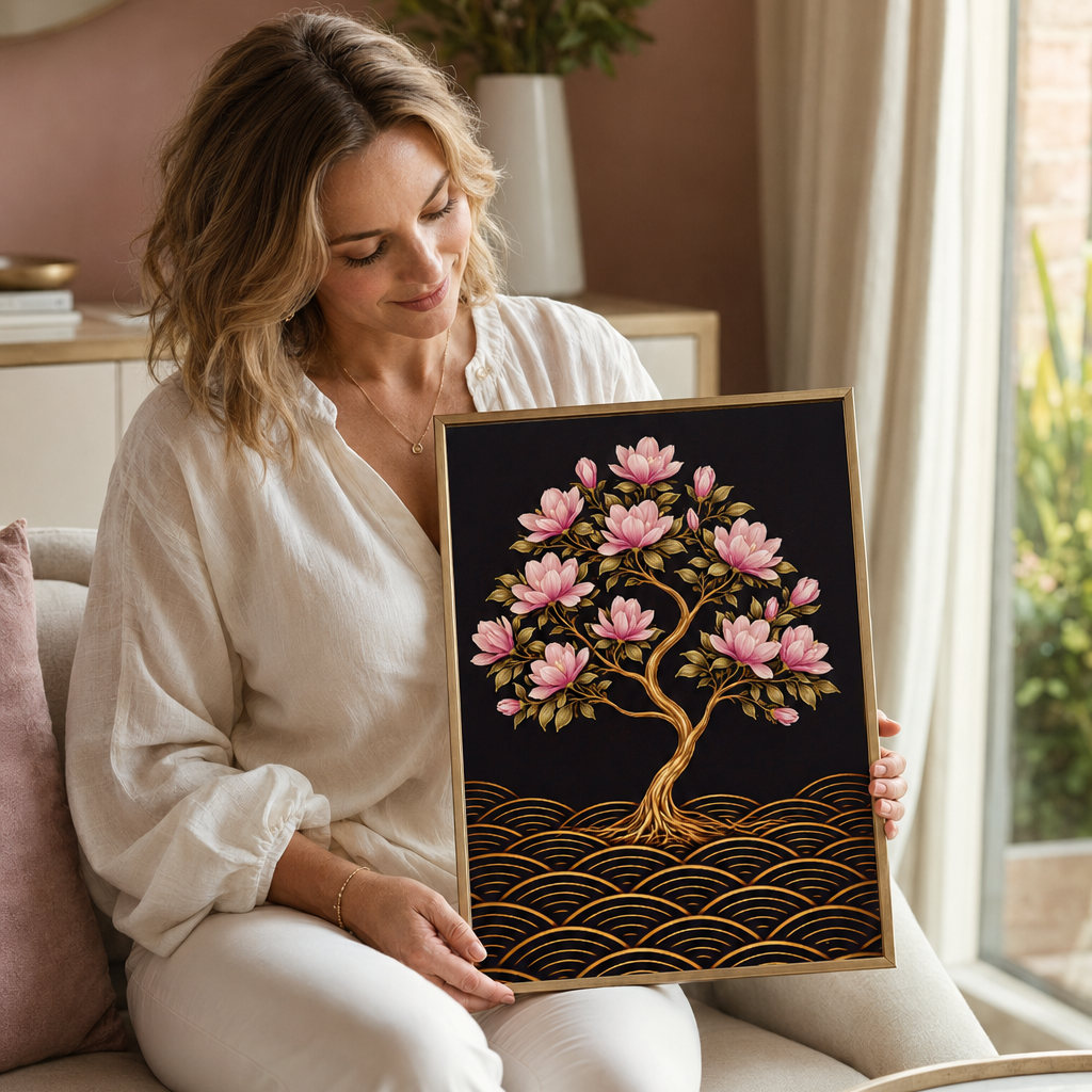 A woman in a white outfit sits on a beige sofa holding a framed art print featuring a pink magnolia tree on a black background with gold wave patterns.