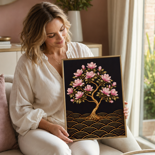 A woman in a white outfit sits on a beige sofa holding a framed art print featuring a pink magnolia tree on a black background with gold wave patterns.