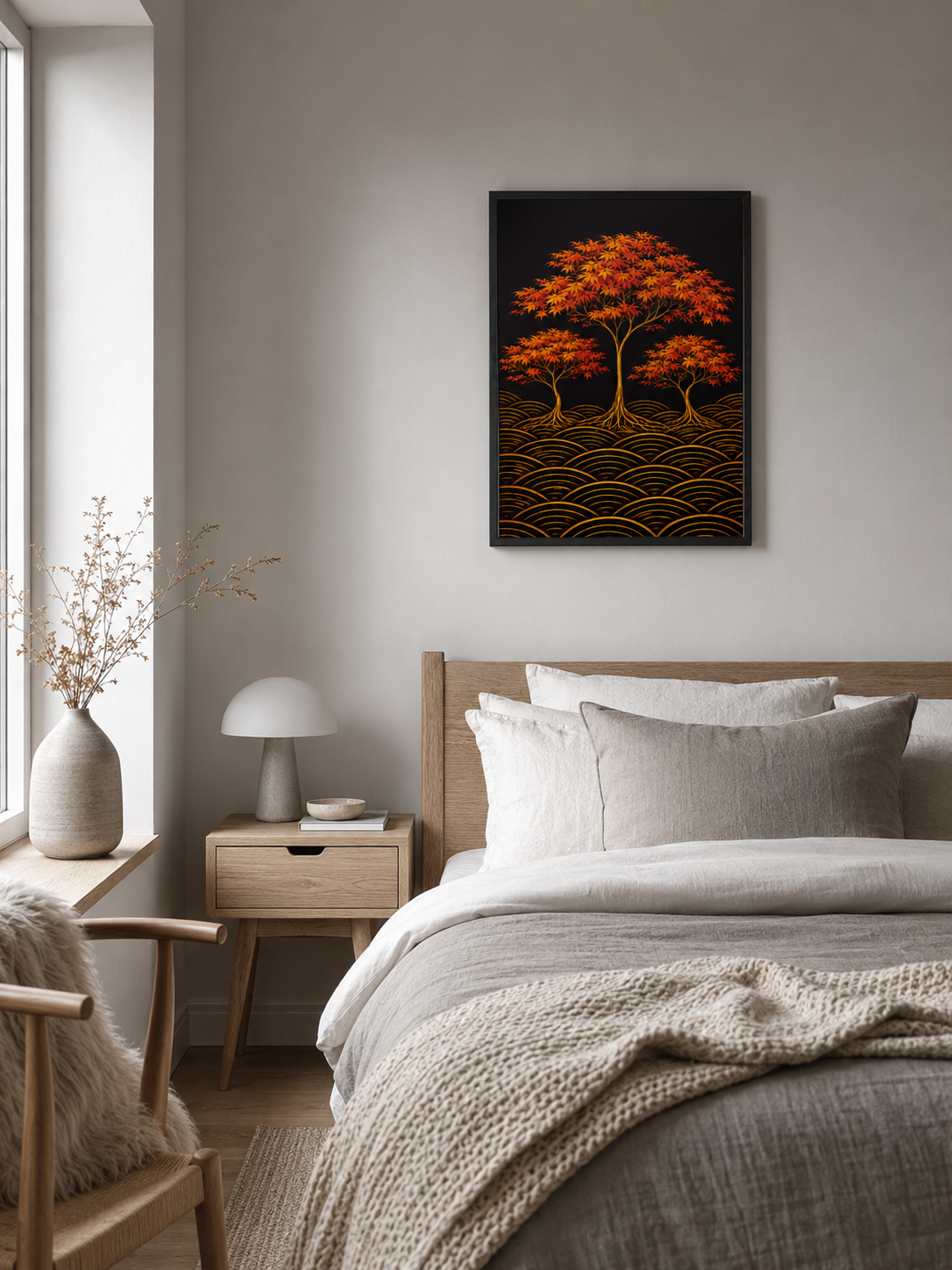 A framed wall art print depicting three glowing orange autumn trees over gold wave-like patterns on a black background, displayed above a neatly made bed in a modern, neutral-toned bedroom.

Maple in Autumn captures the moment the Japanese maple reaches its most extraordinary. A tall central tree rises above two smaller companions, their star-shaped leaves blazing in scarlet and amber, their golden roots threading through a field of dark seigaiha waves below. There is a stillness to this composition, a sens
