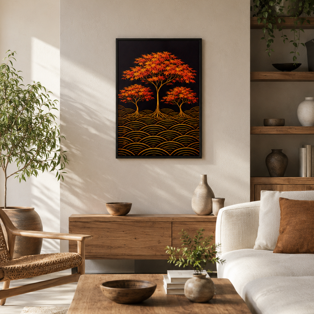 A framed vertical canvas print of two glowing orange-red trees over gold wave-like patterns on a black background, displayed on a beige wall in a modern, sunlit living room with a white sofa, wooden coffee table, and plants.

Maple in Autumn captures the moment the Japanese maple reaches its most extraordinary. A tall central tree rises above two smaller companions, their star-shaped leaves blazing in scarlet and amber, their golden roots threading through a field of dark seigaiha waves below. There is a st