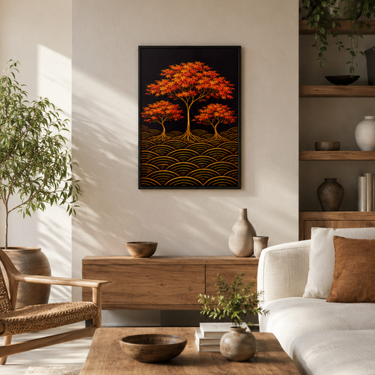 A framed vertical canvas print of two glowing orange-red trees over gold wave-like patterns on a black background, displayed on a beige wall in a modern, sunlit living room with a white sofa, wooden coffee table, and plants.

Maple in Autumn captures the moment the Japanese maple reaches its most extraordinary. A tall central tree rises above two smaller companions, their star-shaped leaves blazing in scarlet and amber, their golden roots threading through a field of dark seigaiha waves below. There is a st
