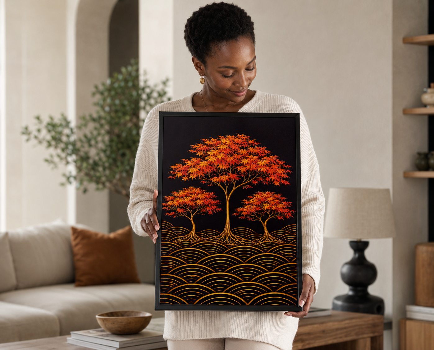 A woman in a cream knit sweater holds up a framed art print featuring three stylized trees with vibrant orange and red autumn foliage on a black background, with gold wave-like patterns at the bottom.