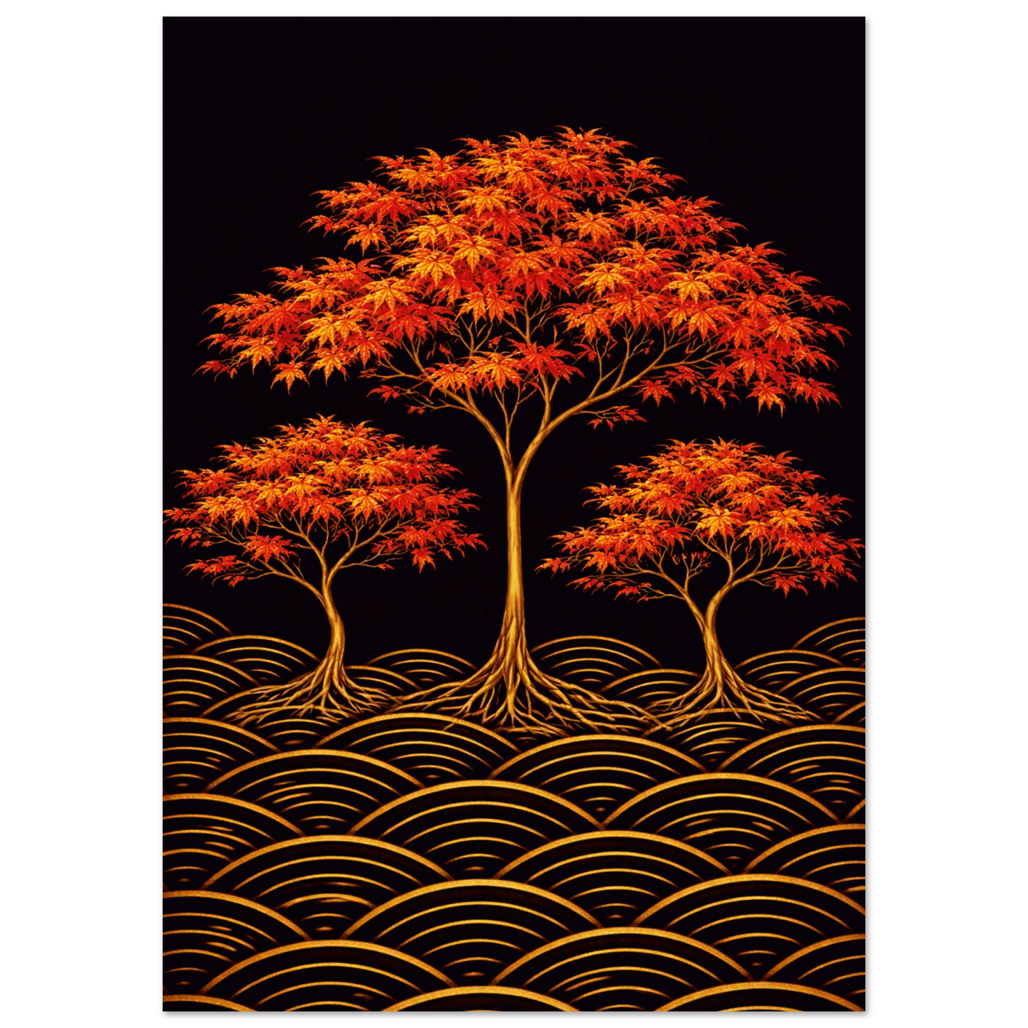 A vertical art print featuring three stylized trees with vibrant orange and red autumn leaves and golden roots, set against a black background with gold wave patterns along the bottom.
