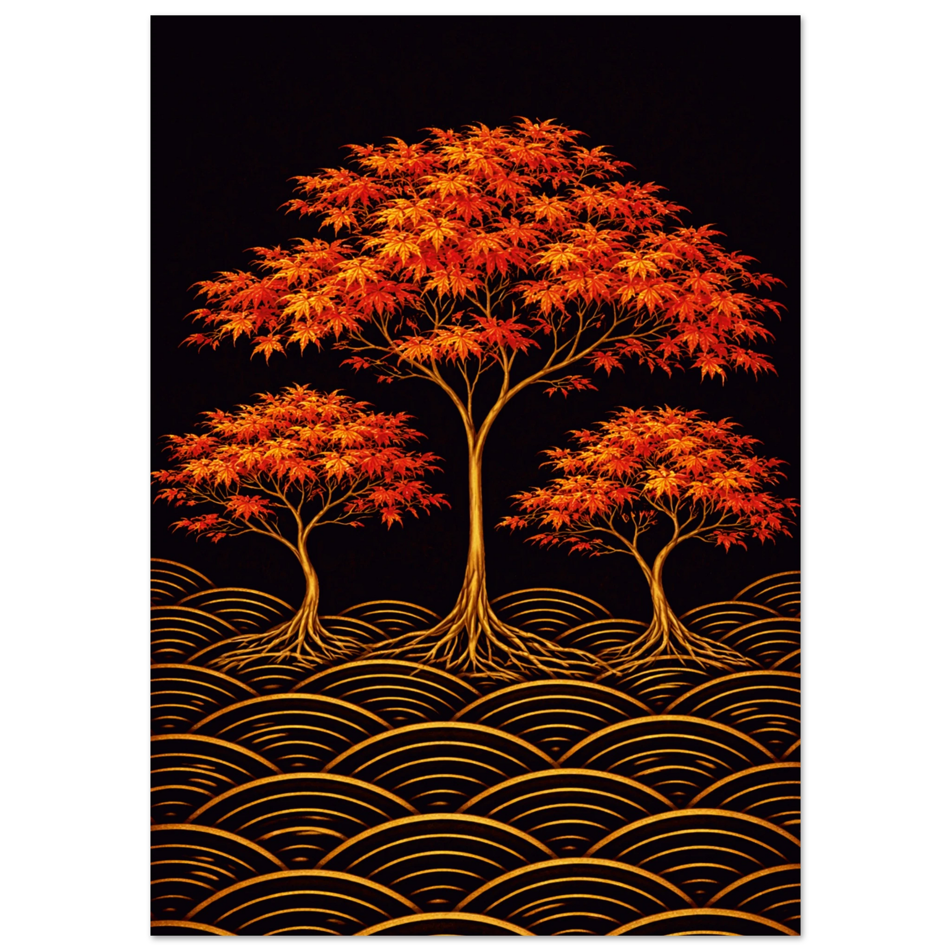 A vertical art print featuring three stylized trees with vibrant orange and red autumn leaves and golden roots, set against a black background with gold wave patterns along the bottom.
