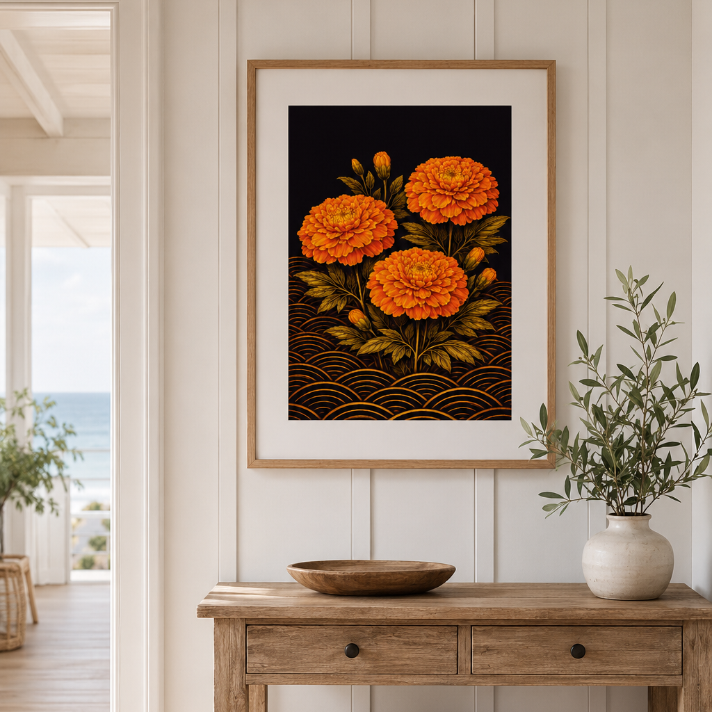 A framed art print featuring three orange marigold flowers on a black background with gold wave patterns, hanging on a white paneled wall above a rustic wooden console table.