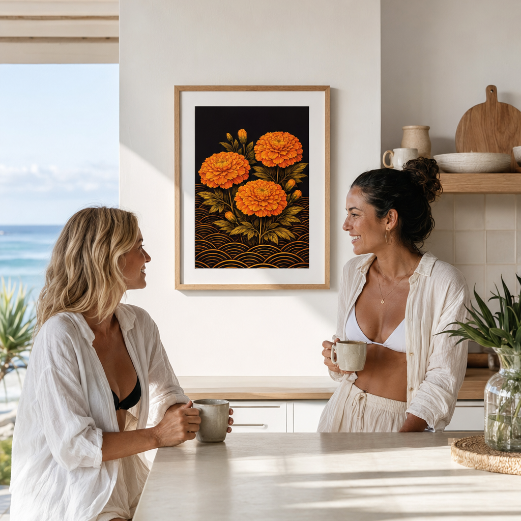 A framed art print featuring three orange marigolds on a dark background hangs on a beige wall in a bright, modern kitchen. Two women are sitting at a light-colored stone counter, holding mugs and engaging in conversation.