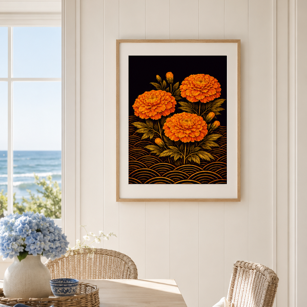 A framed art print featuring three orange marigold flowers on a black background with gold wave details, hanging on a white panelled wall above a dining table with wicker chairs.