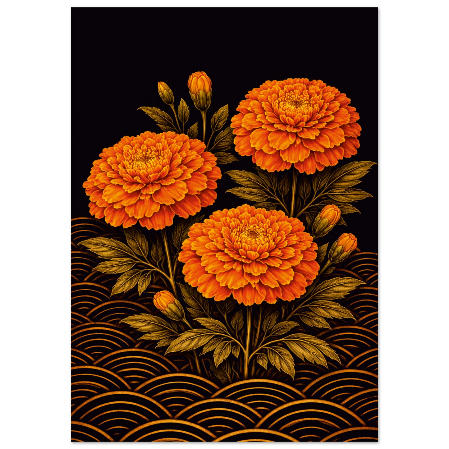 A vertical art print featuring three vibrant orange marigold flowers with dark green leaves on a black background, with a gold wave pattern at the bottom.
