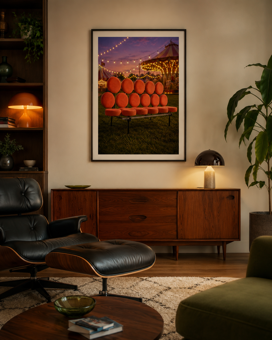 A framed art print depicting an orange marshmallow sofa at dusk with string lights and a circus tent in the background, displayed on a beige wall in a modern living room setting.