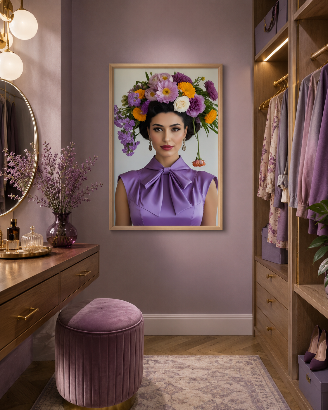 A framed art print depicting a woman in a purple bow top with a colorful flower crown, displayed on a lavender wall in a styled dressing room with a purple velvet stool and wooden closet.