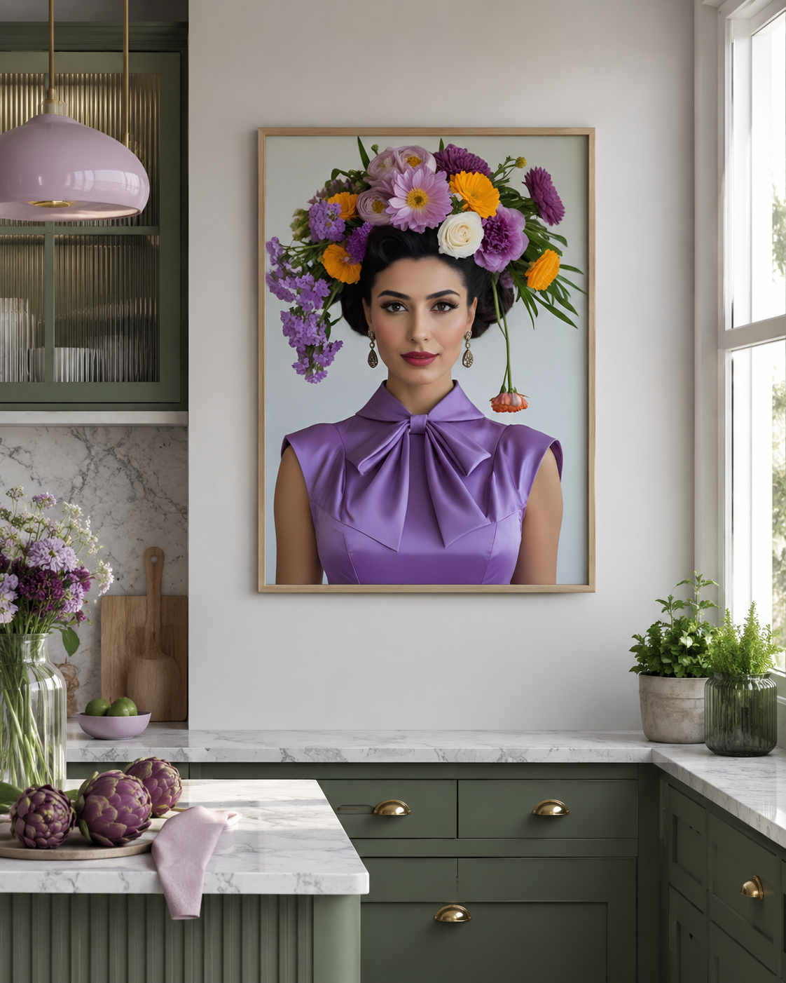 A framed art print depicting a woman in a purple bow-tie dress with a large floral headdress, hanging on a kitchen wall above green cabinets and marble countertops.
