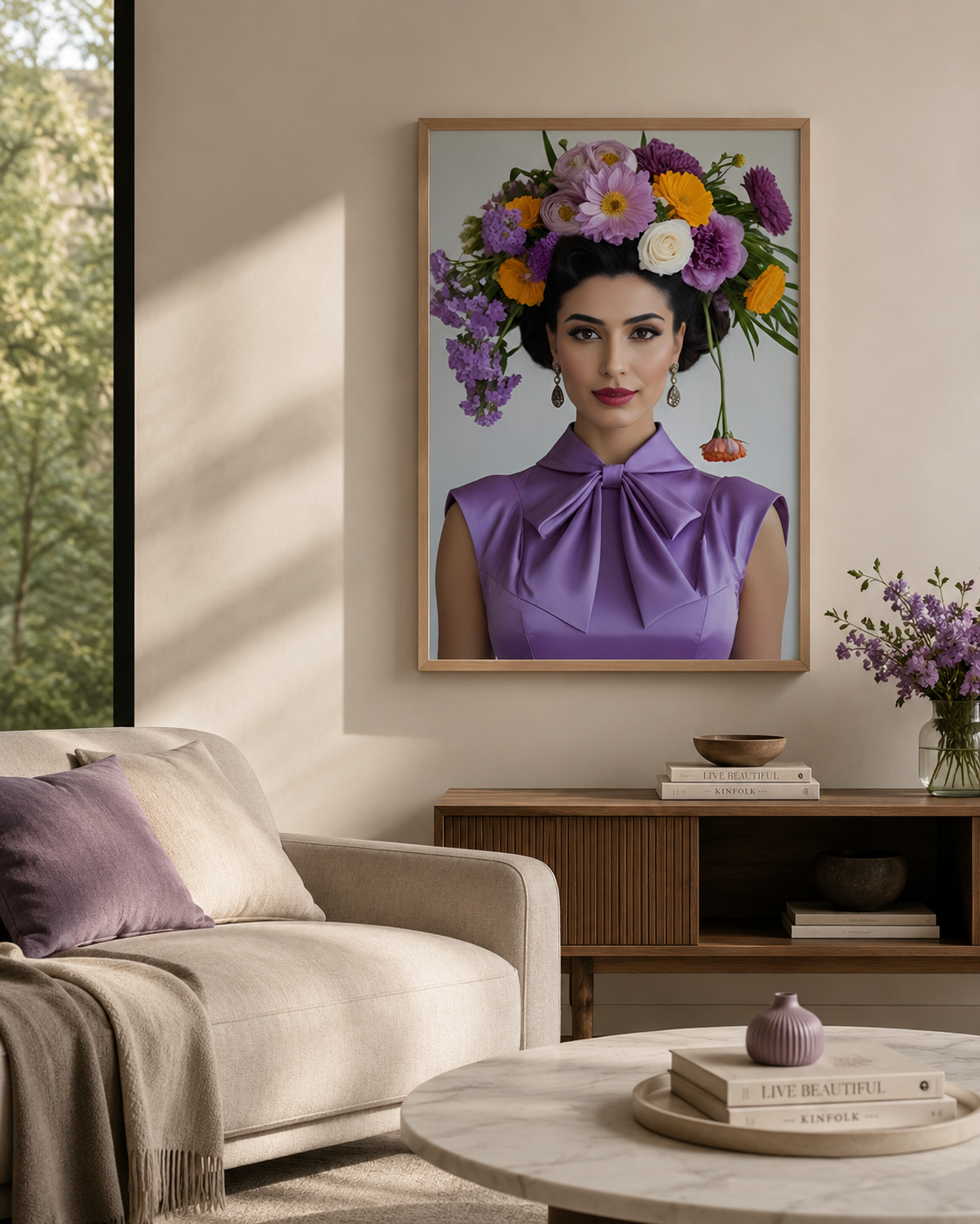 A framed art print of a woman with a large purple flower crown, displayed on a beige wall in a modern living room setting with a sofa and coffee table.