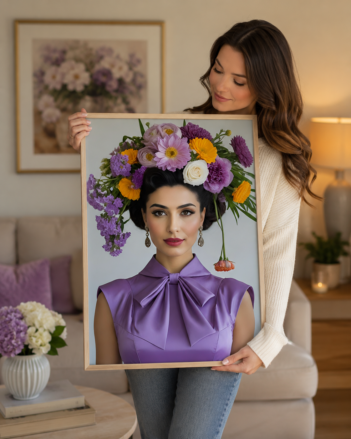 A woman in a cozy living room holds up a large framed art print. The print features a stylized portrait of a woman with a purple satin bow collar and a vibrant floral crown of purple, yellow, and white flowers.