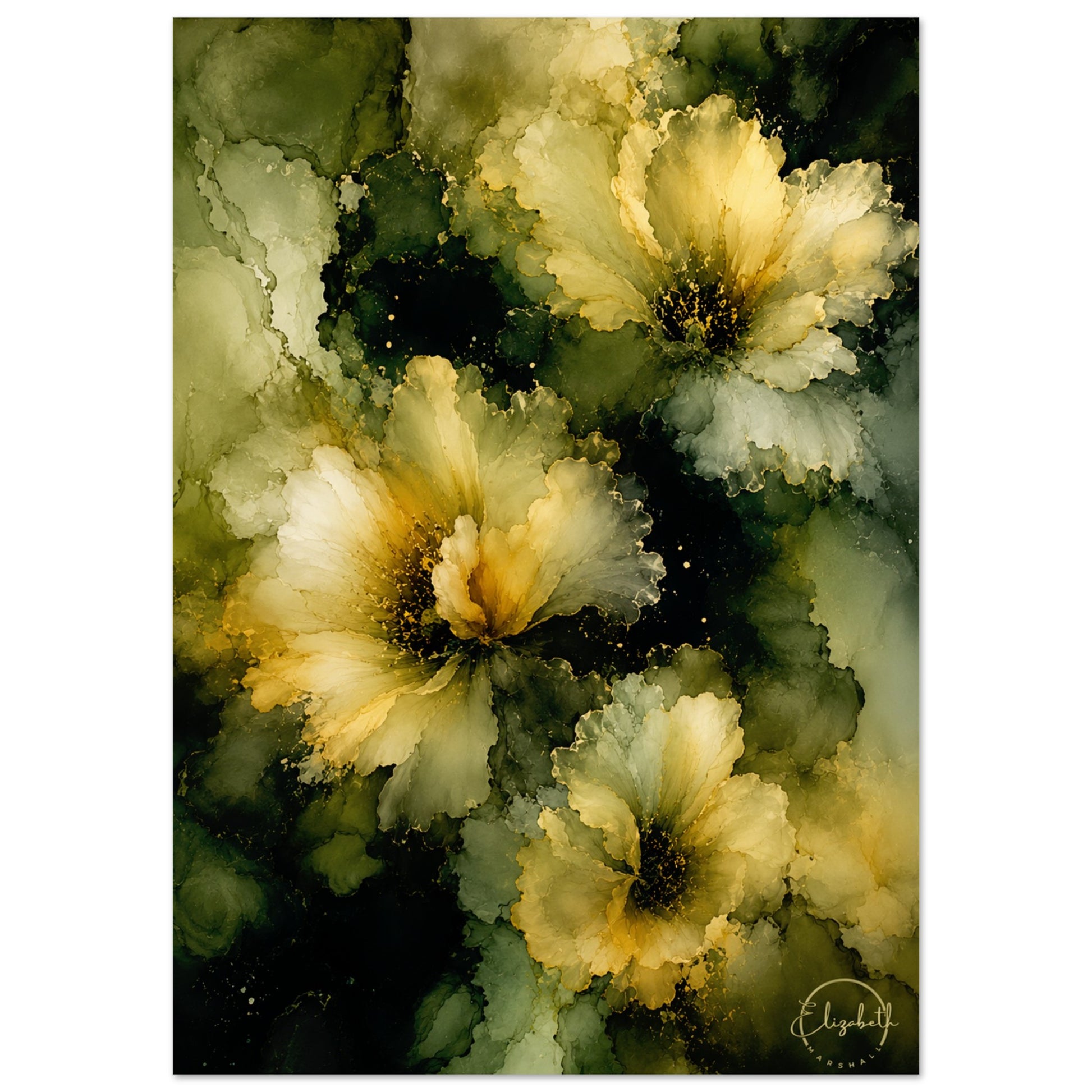 A vertical watercolor-style floral art print featuring large pale yellow and cream flowers with dark green and black watercolor washes. The artwork is centered on a white background, with a small artist signature in the lower right corner.