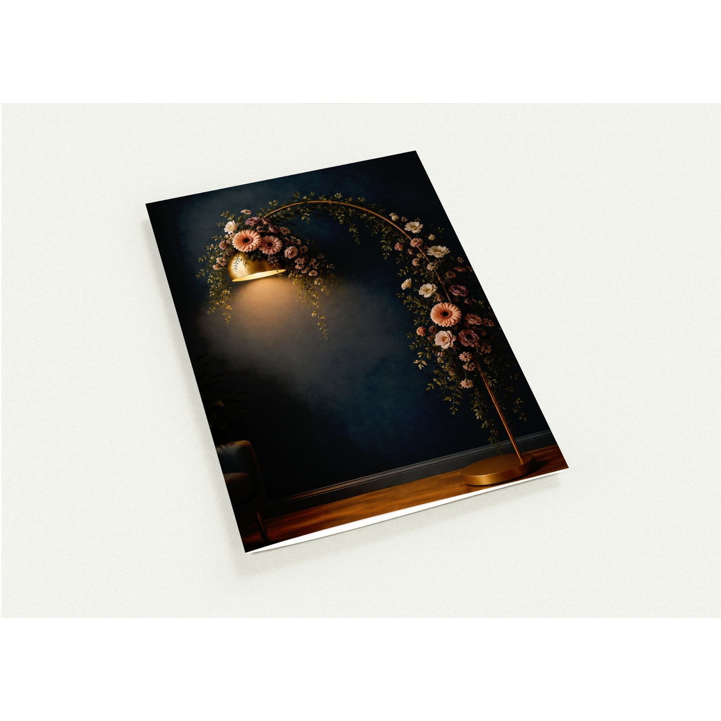 note cards with floral design and light fixture on a white background