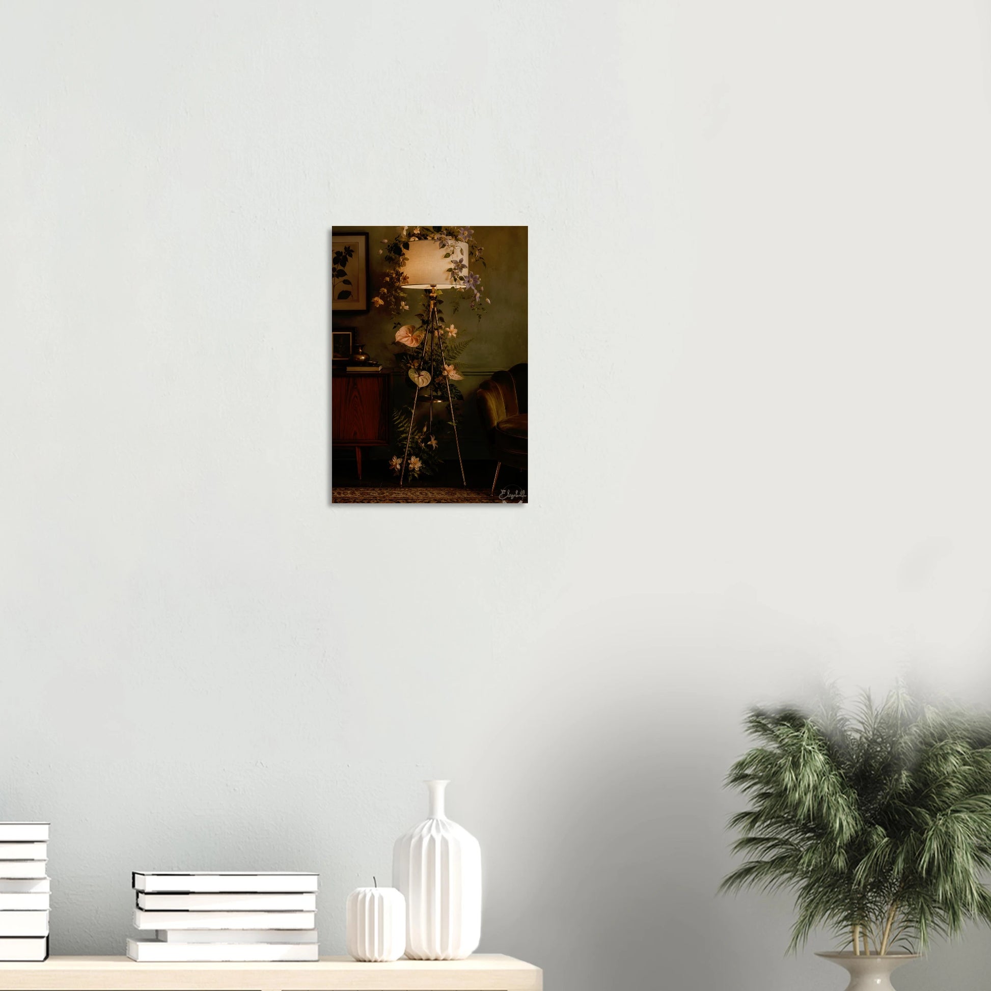 Brass tripod lamp entwined with botanicals in a moody dark interior. Deep olive giclee print, 200gsm FSC paper. Inspired by original designs. Ships worldwide.