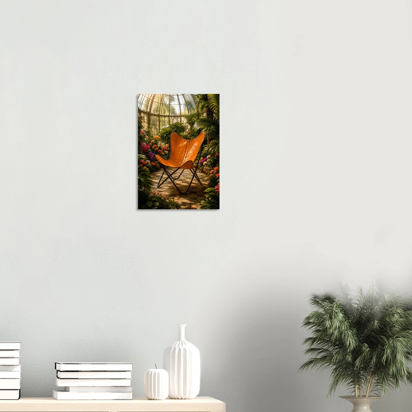 Iconic BKF butterfly chair in a sun-drenched glasshouse. Warm botanical giclee print inspired by original designs. 200gsm FSC paper. Ships worldwide.