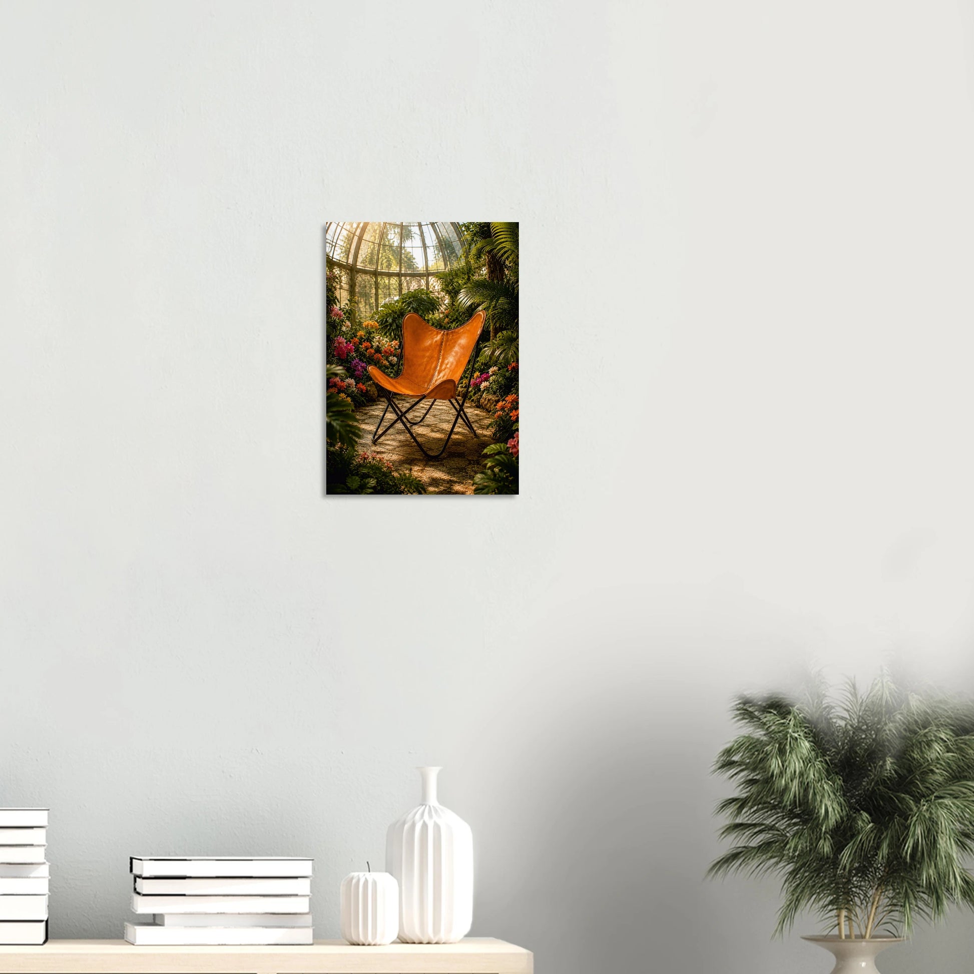 Iconic BKF butterfly chair in a sun-drenched glasshouse. Warm botanical giclee print inspired by original designs. 200gsm FSC paper. Ships worldwide.