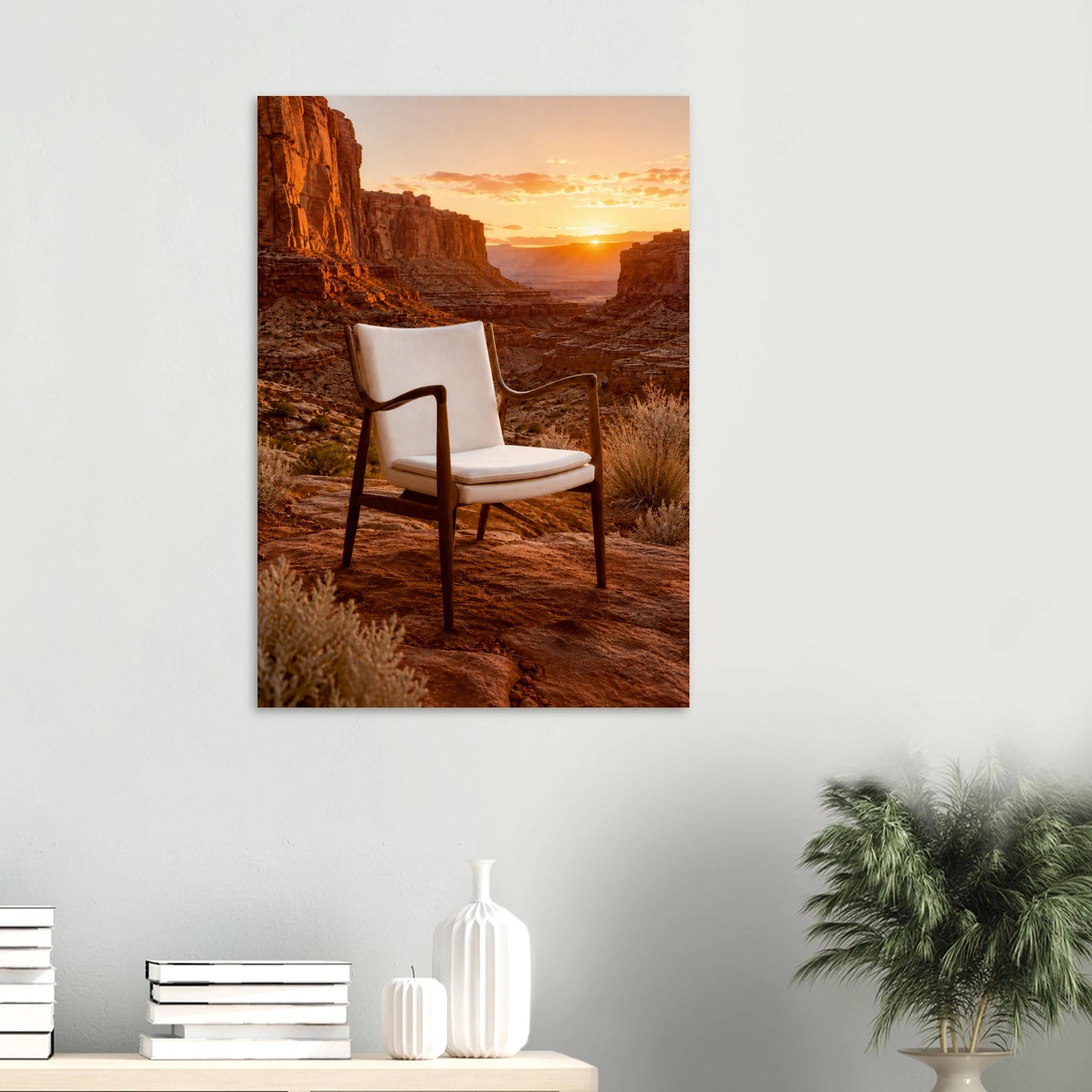A vertical canvas wall art print depicting a desert canyon landscape at sunset with a white armchair in the foreground, displayed on a light gray wall above a console table with books and a plant.