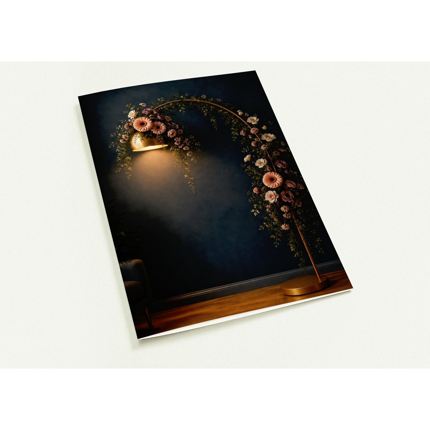 Floral arrangement with a light fixture on a dark background