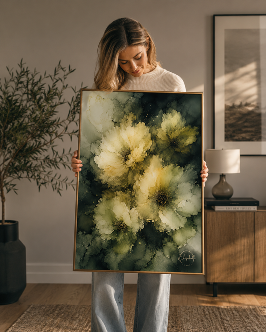 customer holding moody midnight blooms artwork by elizabeth marshall 