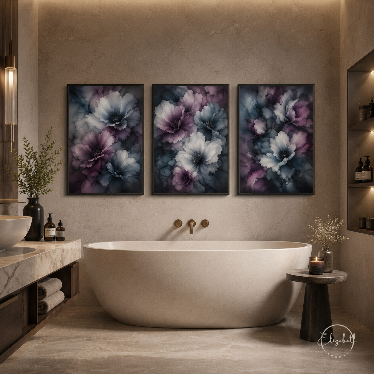 A three-panel floral wall art set with large purple, blue, and white flowers hangs above a freestanding bathtub in a modern bathroom setting.