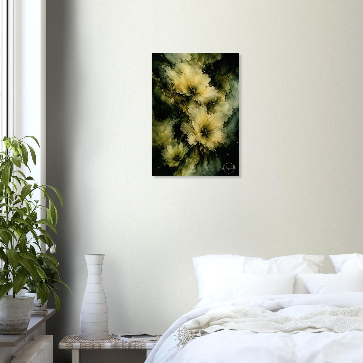 A vertical canvas wall art print featuring abstract yellow flowers on a dark green and black background, displayed in a modern bedroom setting above a bed with white bedding and next to a potted plant.