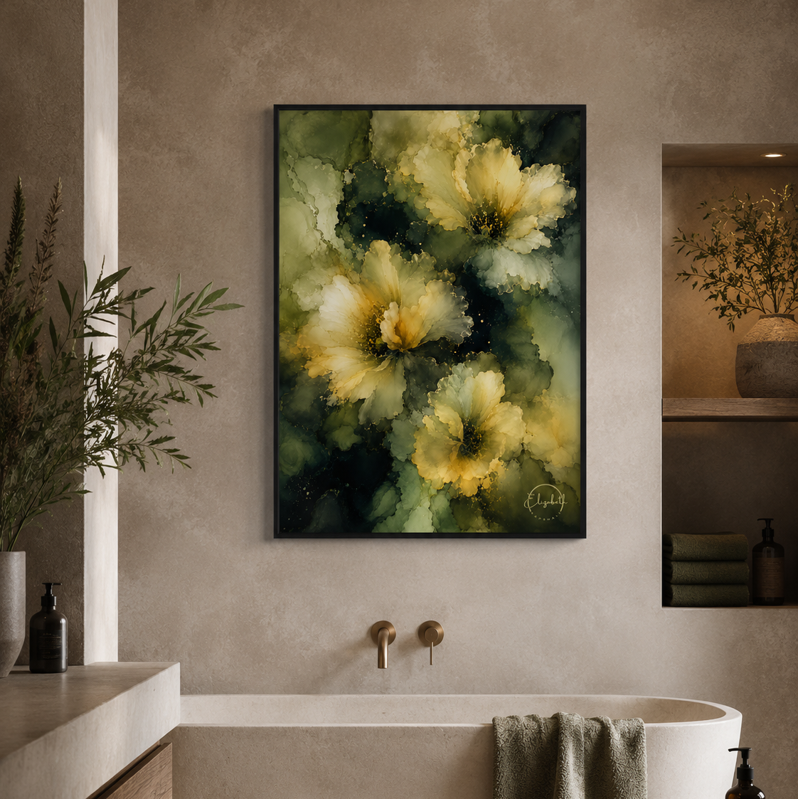 A framed vertical floral wall art print with large yellow and cream flowers on a dark green background, displayed above a bathtub in a modern beige-toned bathroom.